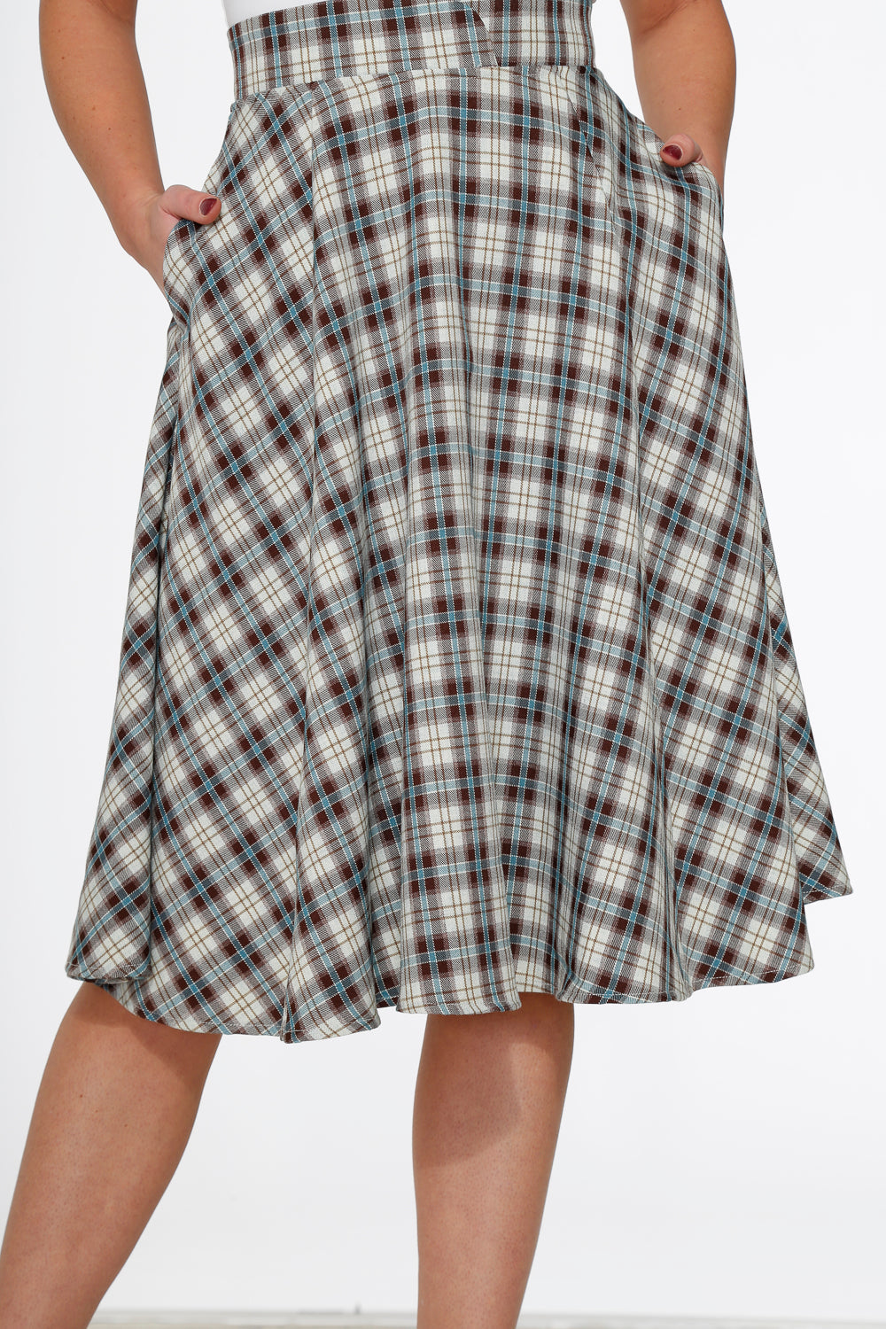 Orchid Bloom White & Brown Plaid Flared Midi Skirt