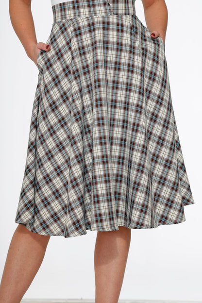 Orchid Bloom White & Brown Plaid Flared Midi Skirt