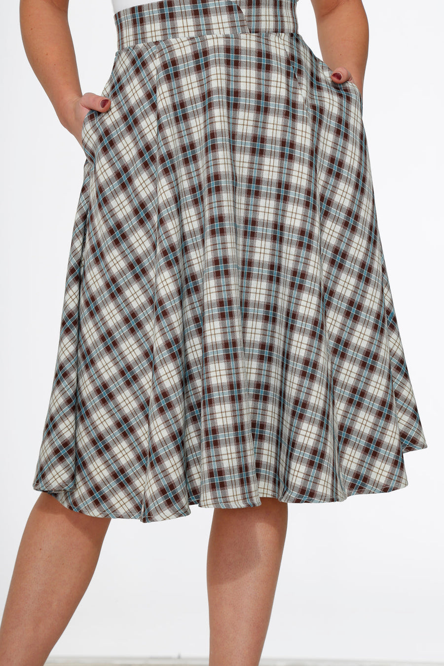 Orchid Bloom White & Brown Plaid Flared Midi Skirt