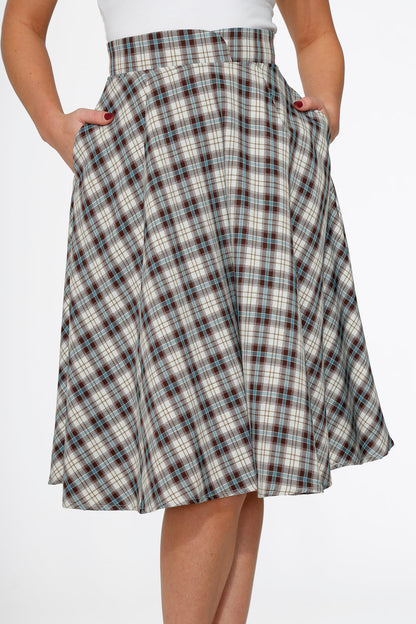 Orchid Bloom White & Brown Plaid Flared Midi Skirt