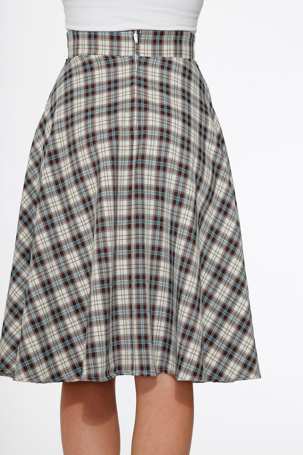 Orchid Bloom White & Brown Plaid Flared Midi Skirt