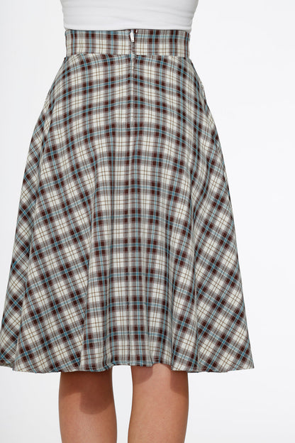 Orchid Bloom White & Brown Plaid Flared Midi Skirt
