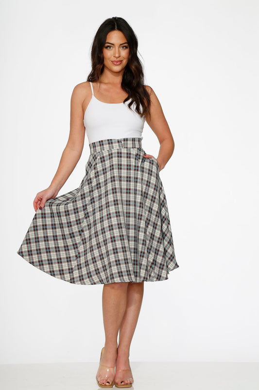 Orchid Bloom White & Brown Plaid Flared Midi Skirt