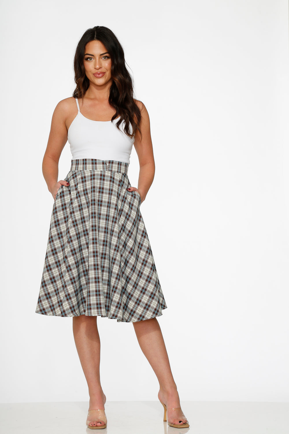 Orchid Bloom White & Brown Plaid Flared Midi Skirt