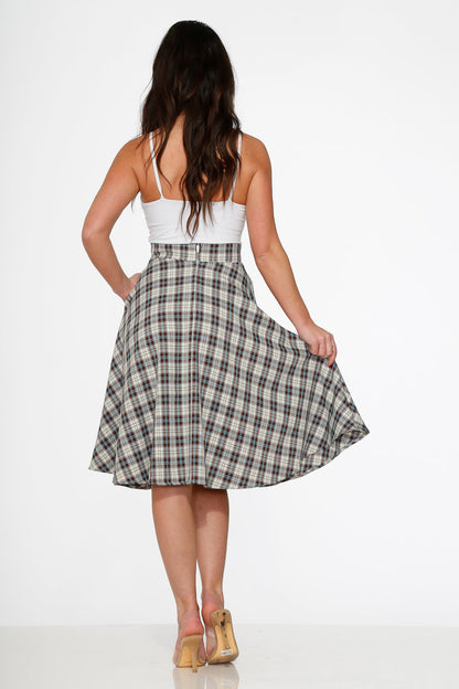 Orchid Bloom White & Brown Plaid Flared Midi Skirt
