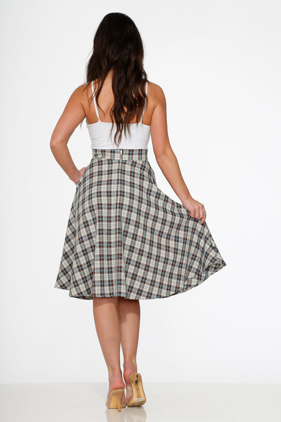 Orchid Bloom White & Brown Plaid Flared Midi Skirt