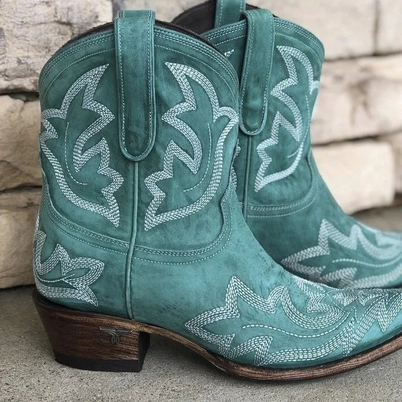 Lena Embroidered Ankle Western Booties in Brown - back view