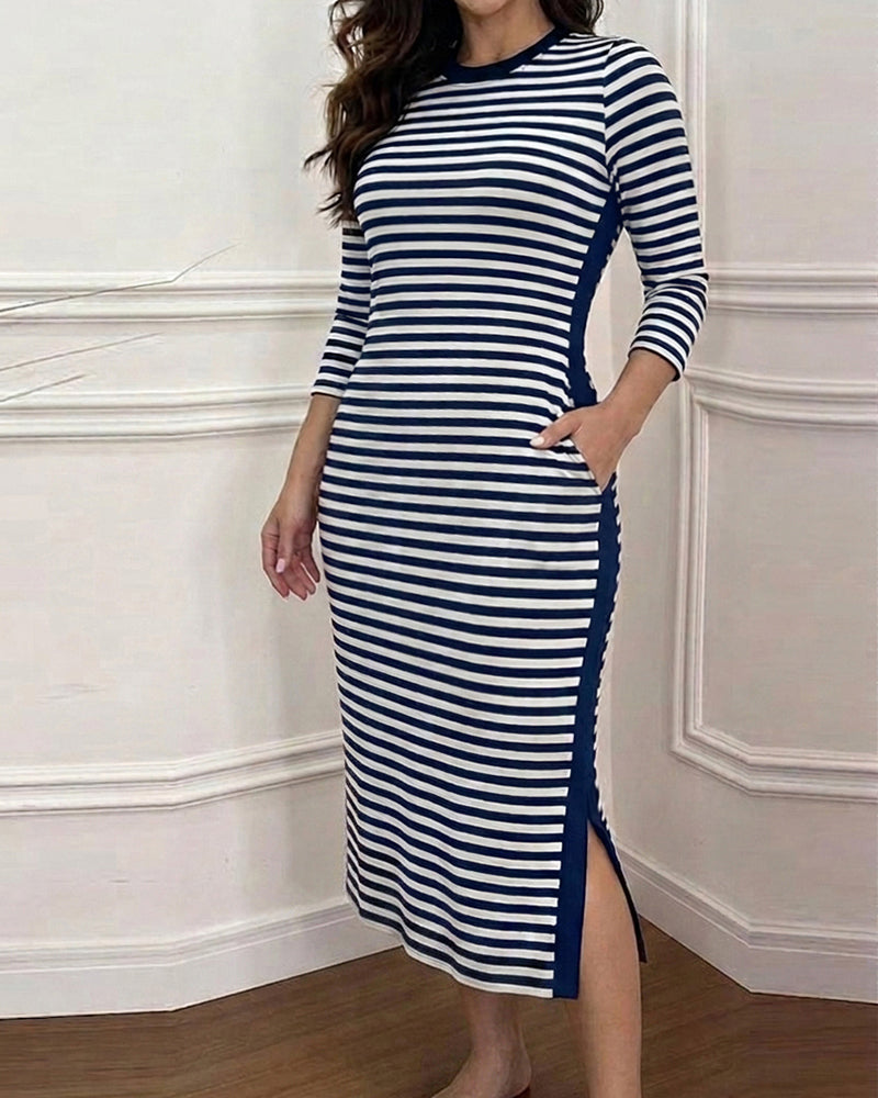 Sophia Navy Striped Midi Dress with Contrast Panels and Pockets
