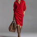 Carmen | Solid Color High Collar Knit Midi Dress with Decorative Buttons - Red
