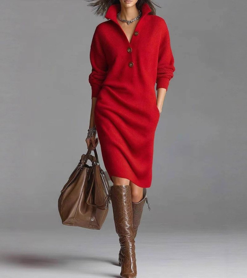 Carmen | Solid Color High Collar Knit Midi Dress with Decorative Buttons