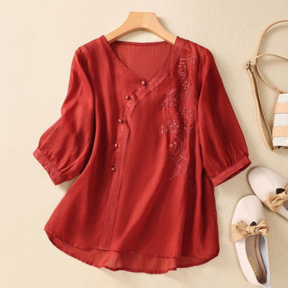 Sue Stylish Asymmetrical Button Down Tunic in Red - front view