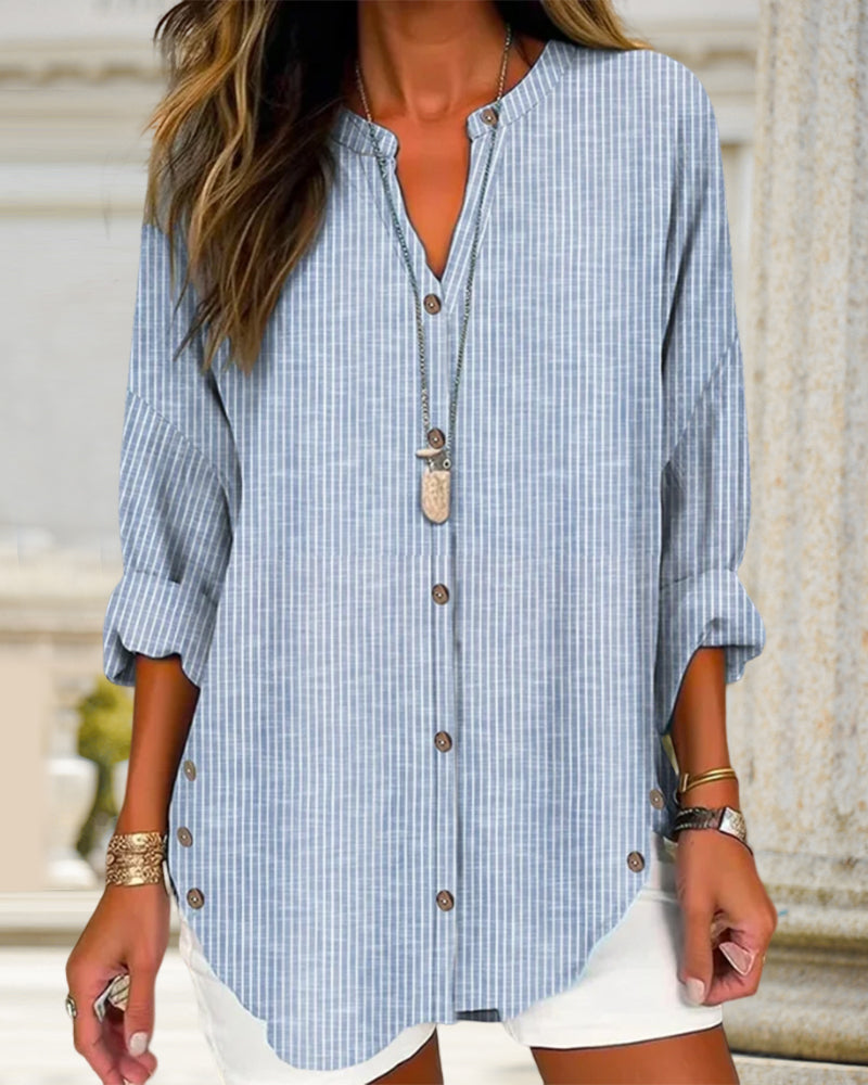 Betty Chic Loose Fit Long Sleeve Button Up Blouse in Blue - image 6
