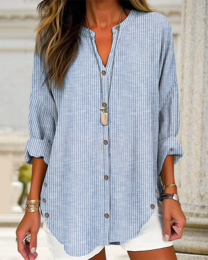 Betty Chic Loose Fit Long Sleeve Button Up Blouse in Blue - image 6