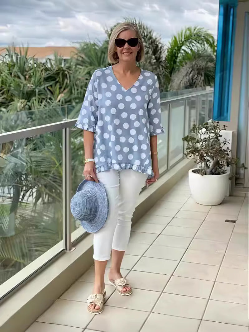 Dulce Timelessly Elegant Vintage Print Top in Sky Blue - styled look