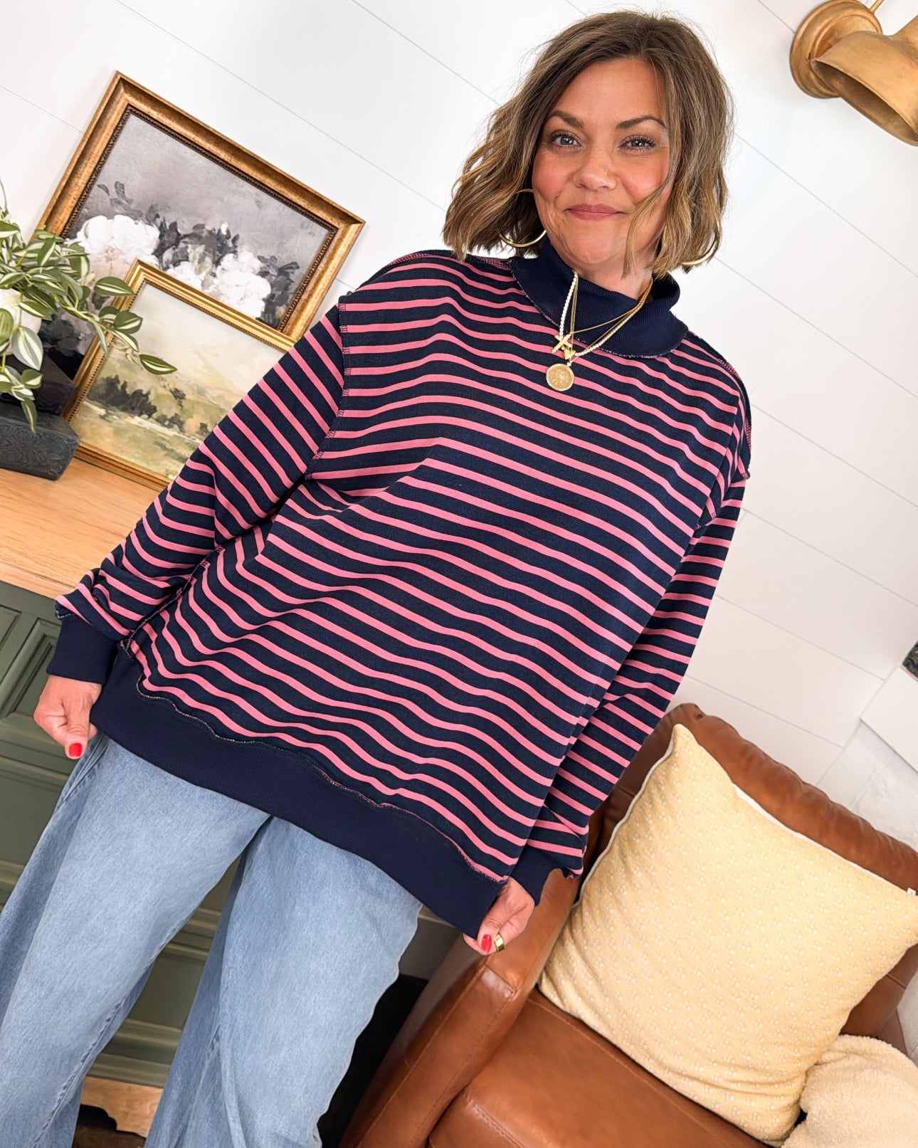 Striped Mock Neck Oversized Pullover with Ribbed Trim