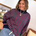 Striped Mock Neck Oversized Pullover with Ribbed Trim - Navy