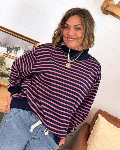 Striped Mock Neck Oversized Pullover with Ribbed Trim