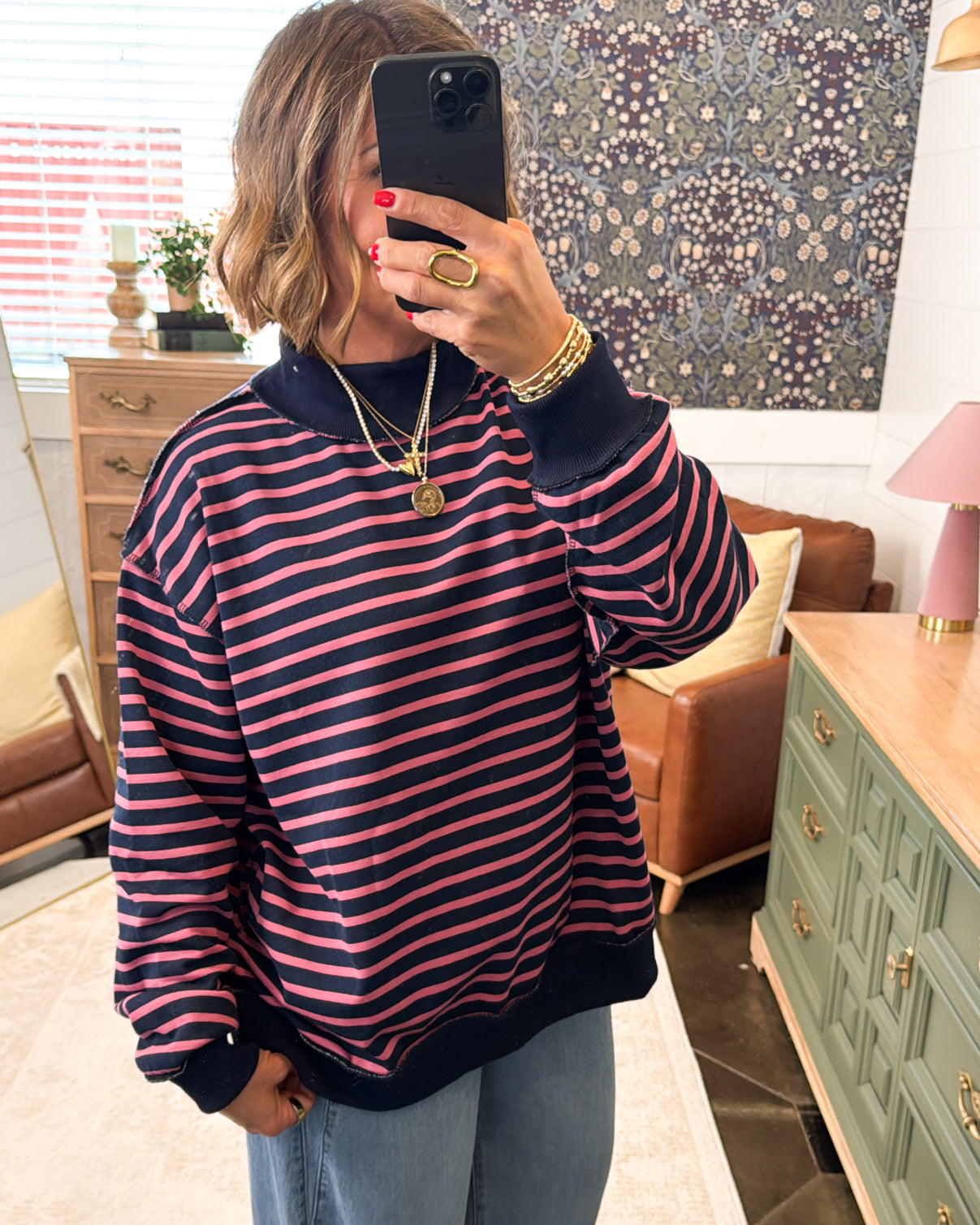 Striped Mock Neck Oversized Pullover with Ribbed Trim