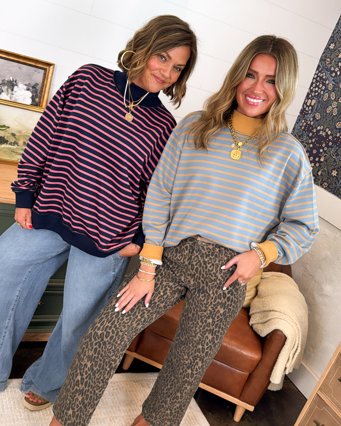 Striped Mock Neck Oversized Pullover with Ribbed Trim