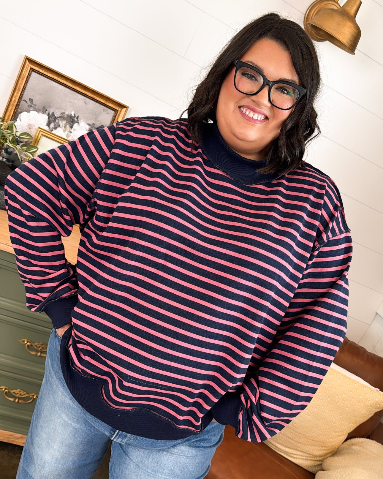 Striped Mock Neck Oversized Pullover with Ribbed Trim