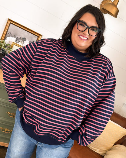 Striped Mock Neck Oversized Pullover with Ribbed Trim