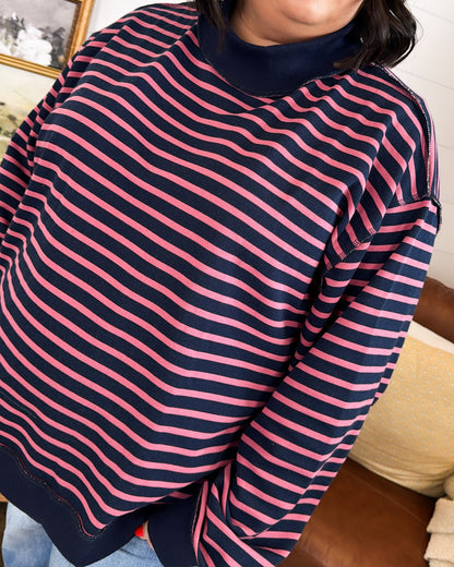 Striped Mock Neck Oversized Pullover with Ribbed Trim