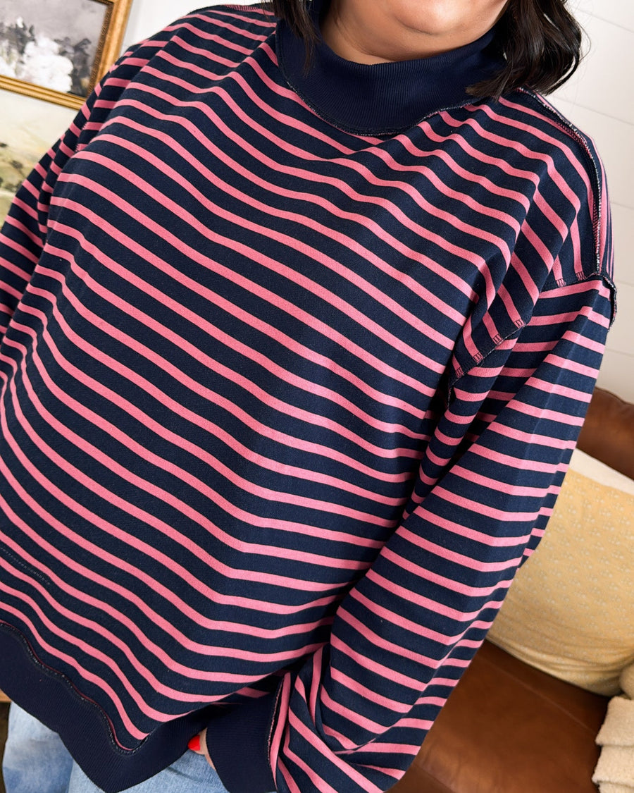 Striped Mock Neck Oversized Pullover with Ribbed Trim