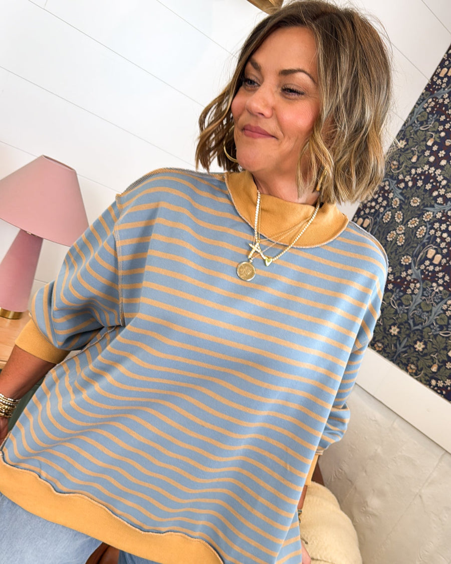 Striped Mock Neck Oversized Pullover with Ribbed Trim