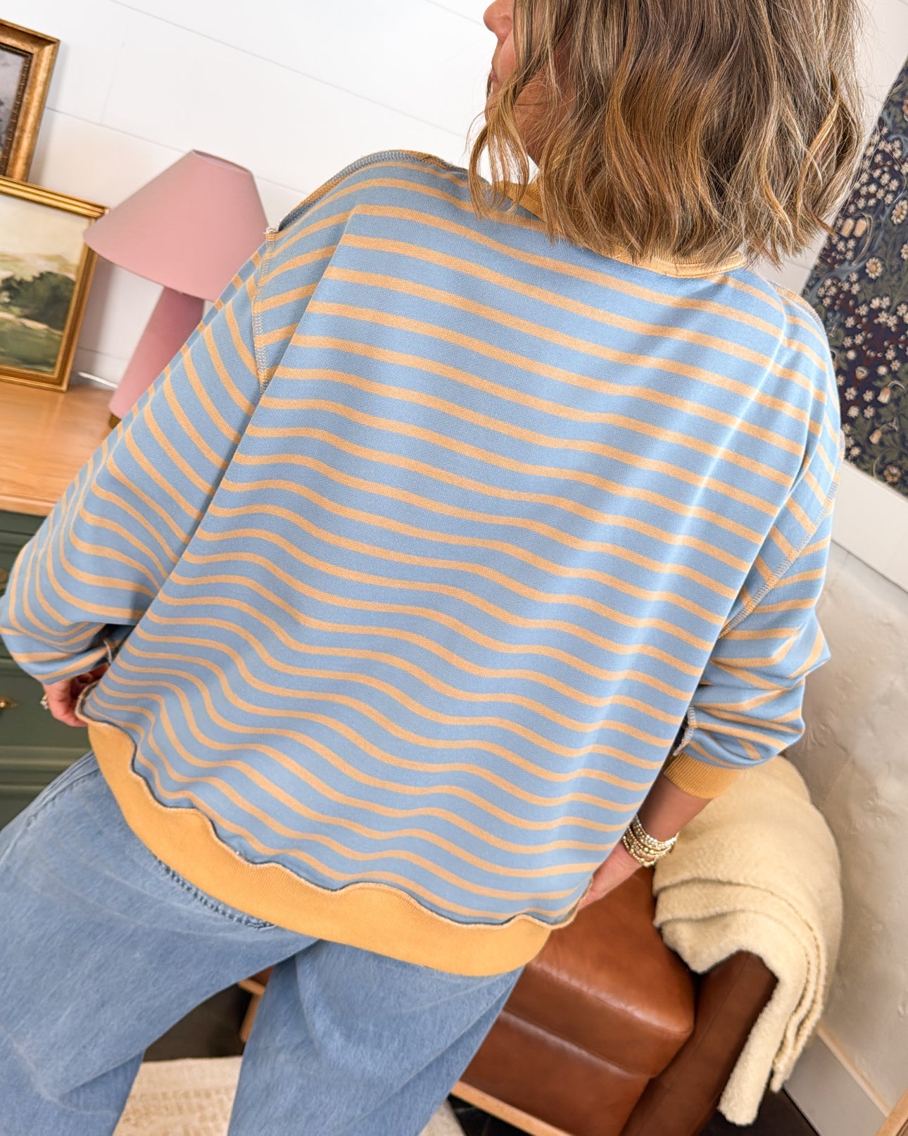 Striped Mock Neck Oversized Pullover with Ribbed Trim