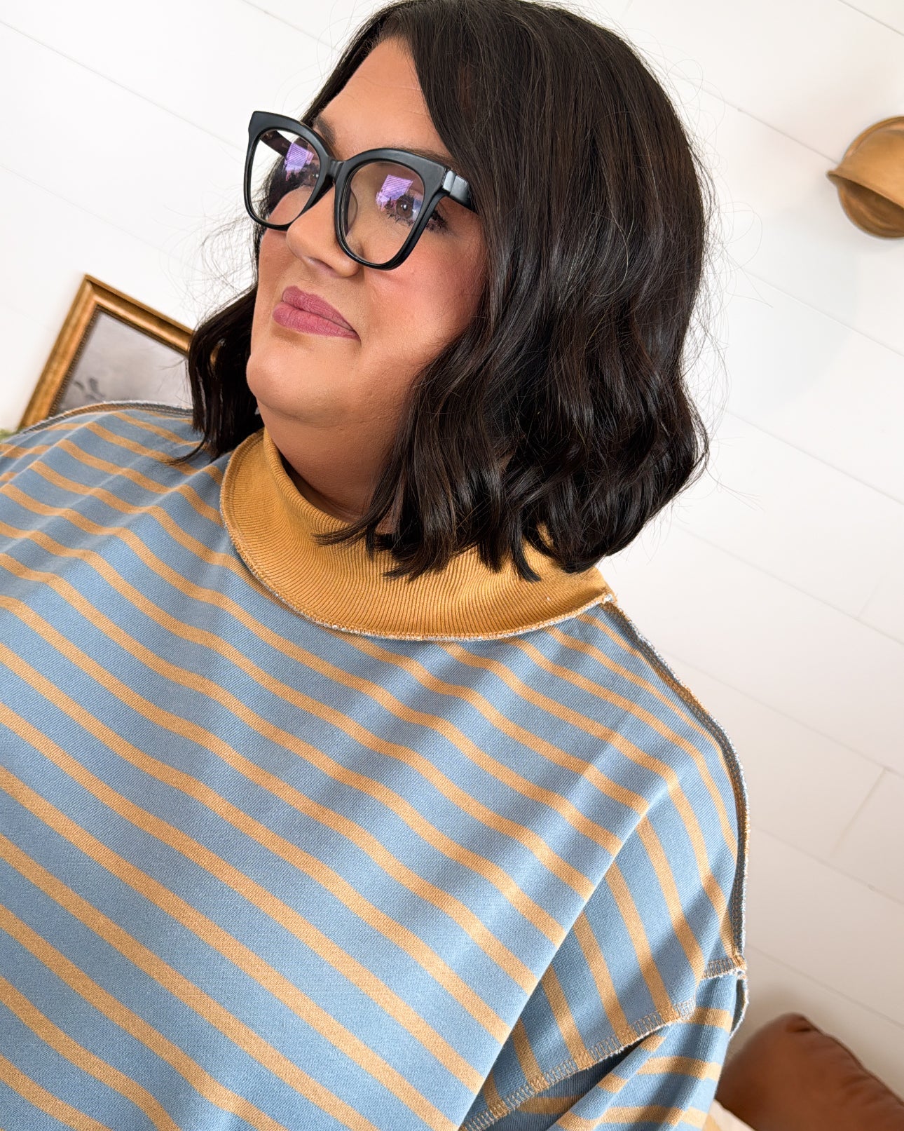 Striped Mock Neck Oversized Pullover with Ribbed Trim