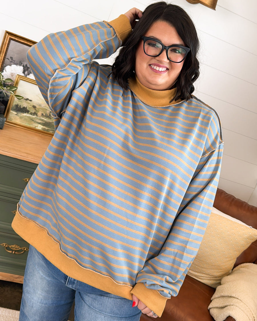 Striped Mock Neck Oversized Pullover with Ribbed Trim