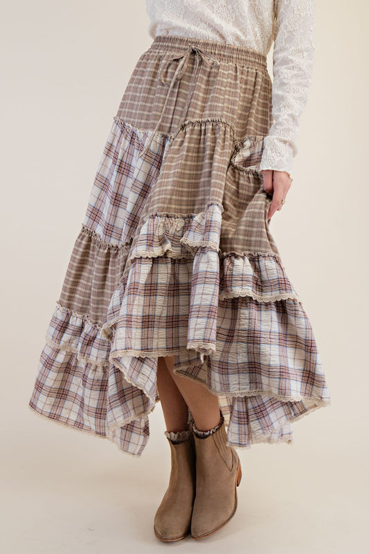 Vintage Plaid Crochet Ruffle Maxi Skirt with Adjustable Waistband