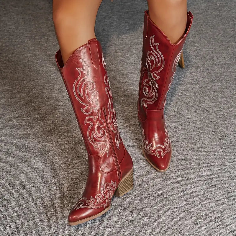 Emma Embroidered Knee High Cowboy Boots in Brown - back view
