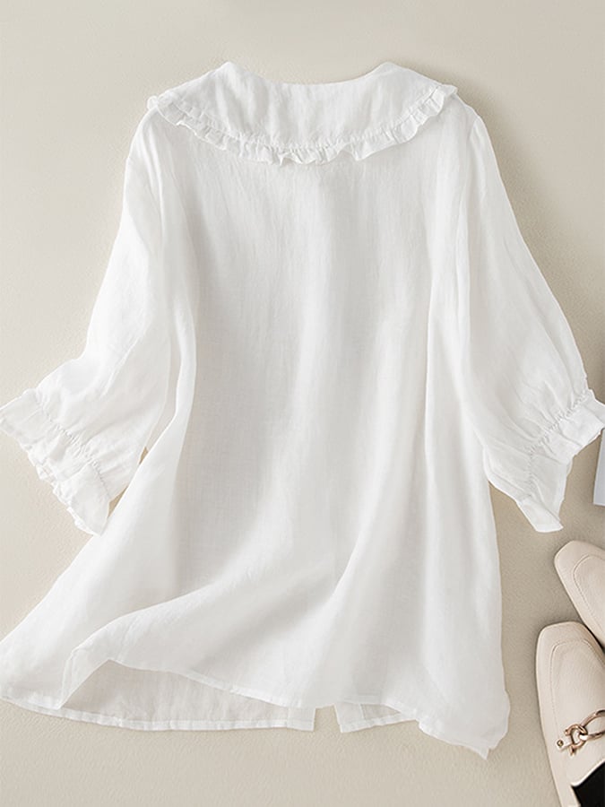 Luvrefashion | Lillian Fashionable Cotton Shirt with Loose Ruffled Neck in Blue - back view