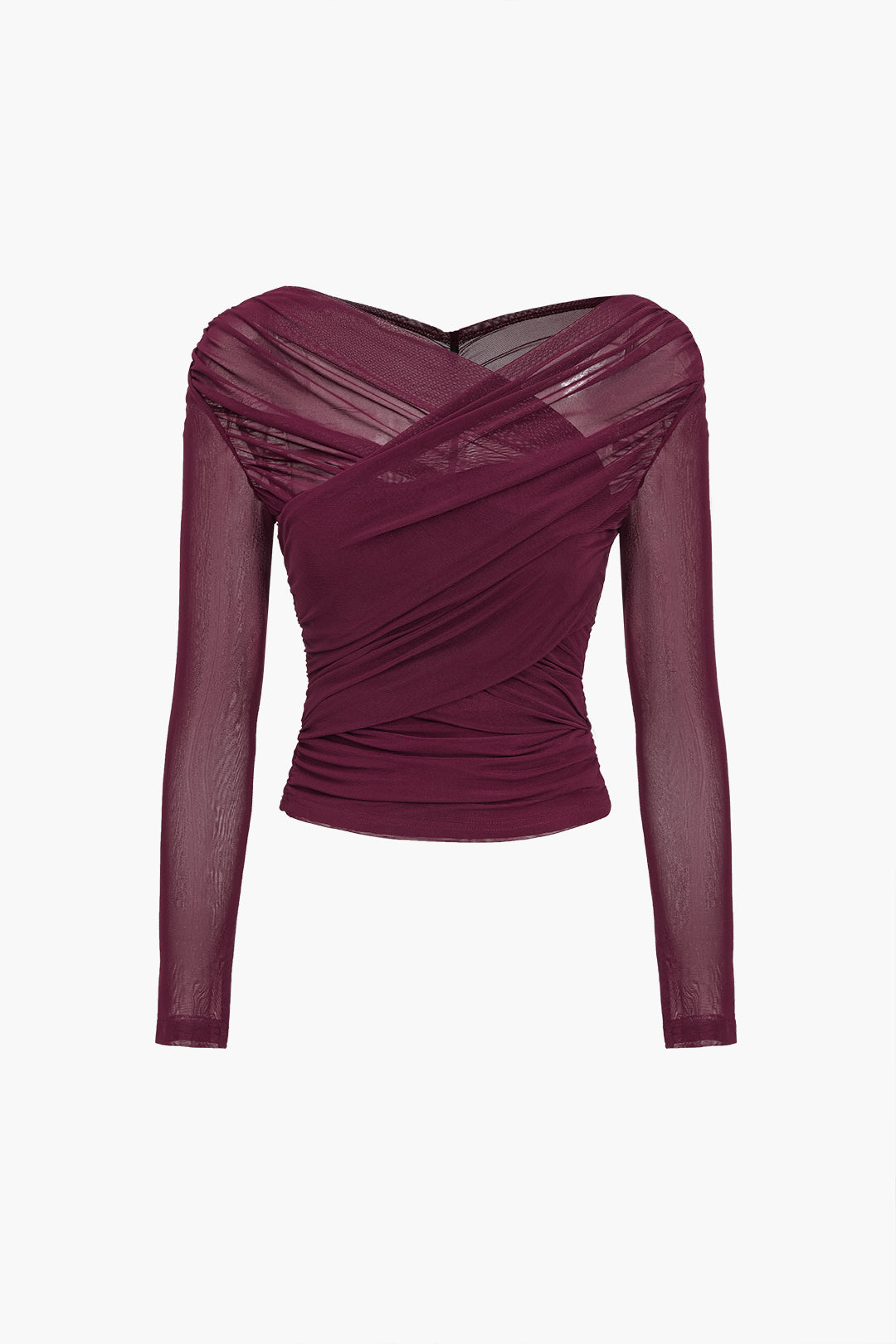 Fern Long Sleeve Ruched Mesh Top in Burgundy - back view
