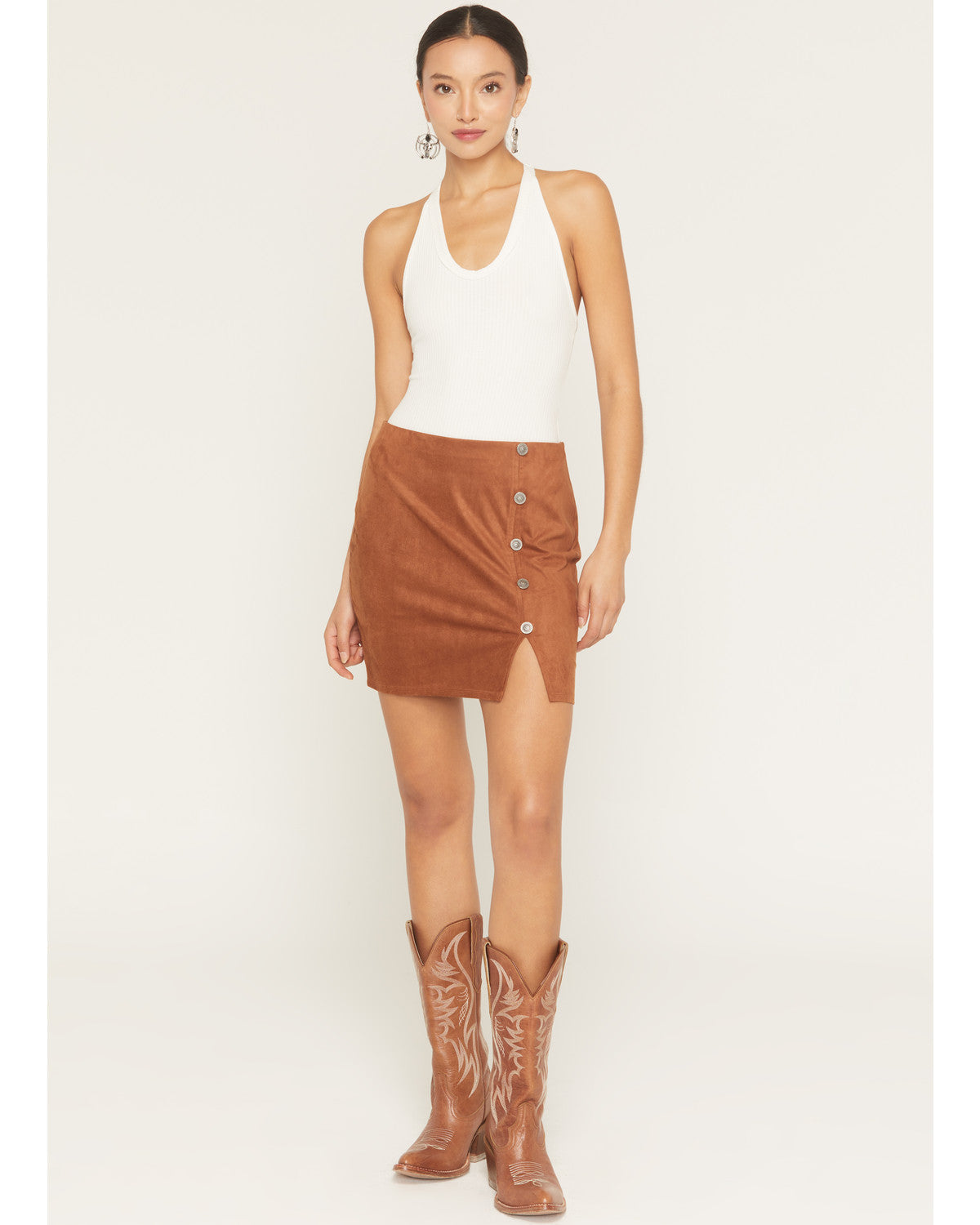 Brown Faux Suede Concho Button Mini Skirt with Elastic Waistband