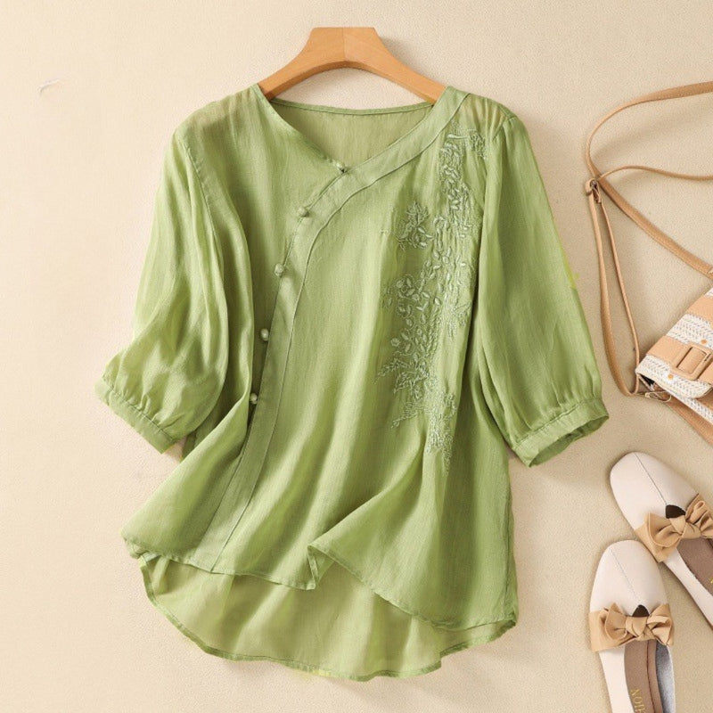 Sue Stylish Asymmetrical Button Down Tunic in Red - detail view