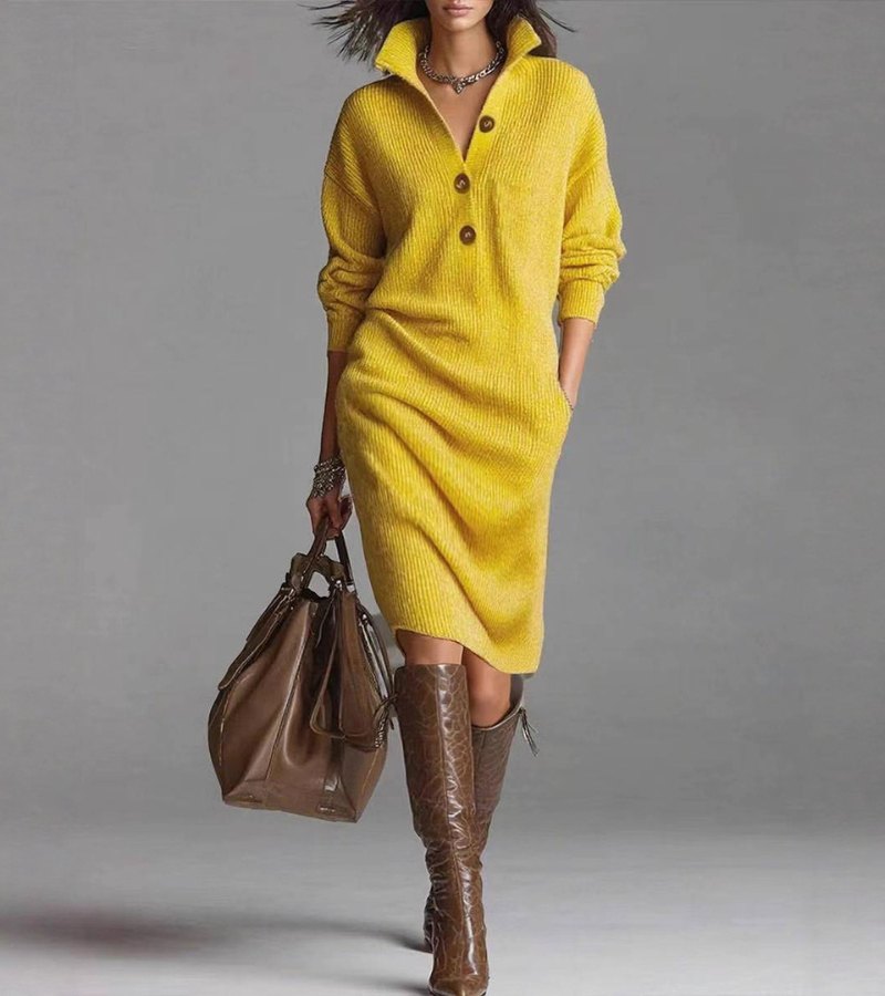 Carmen | Solid Color High Collar Knit Midi Dress with Decorative Buttons