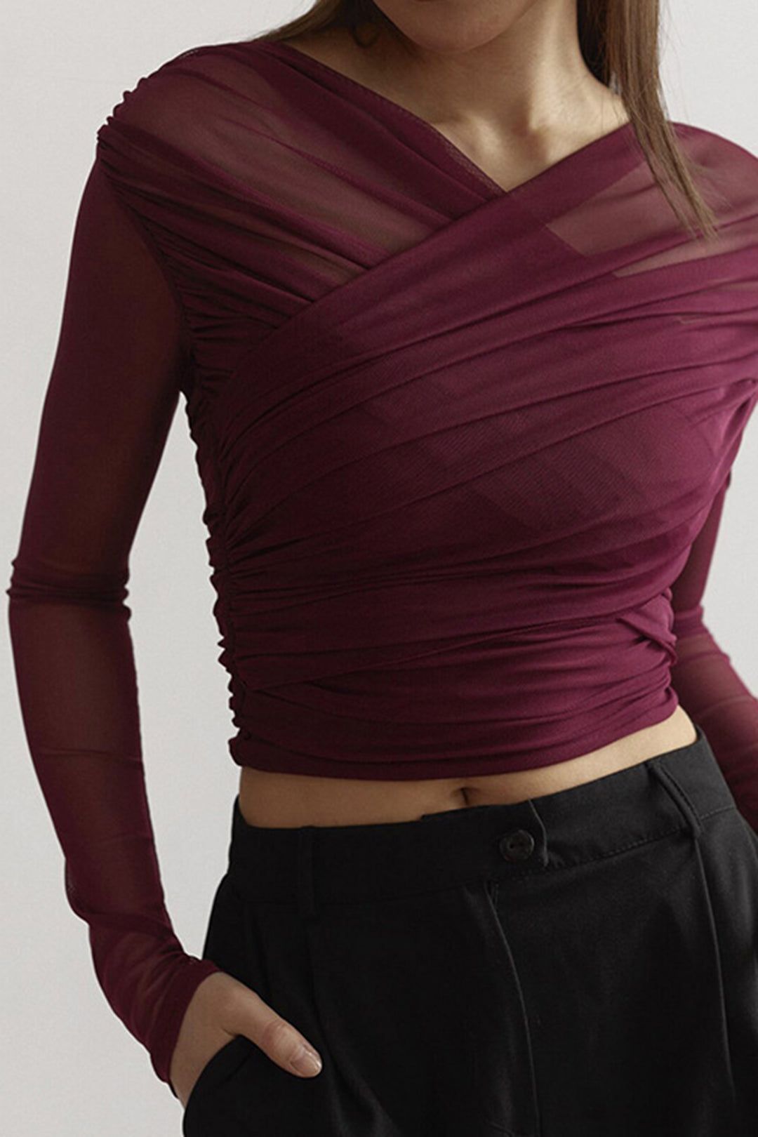 Fern Long Sleeve Ruched Mesh Top in Burgundy - front view