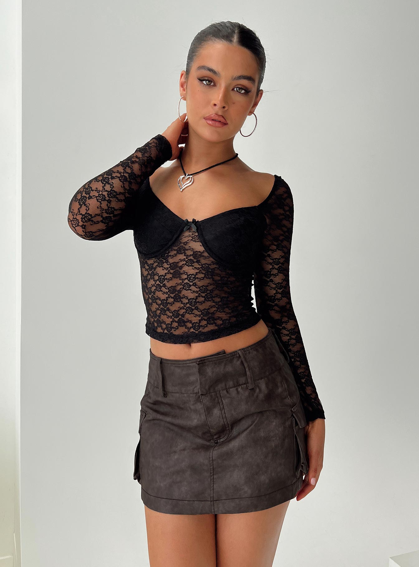 Washed Black Cargo Faux Leather Mini Skirt with Belt Loops