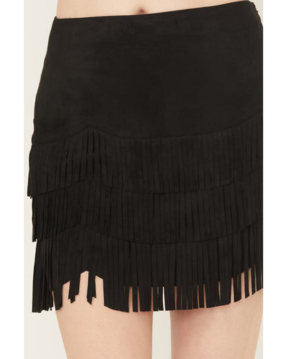 Black Faux Suede Fringe Mini Skirt with Hidden Zipper