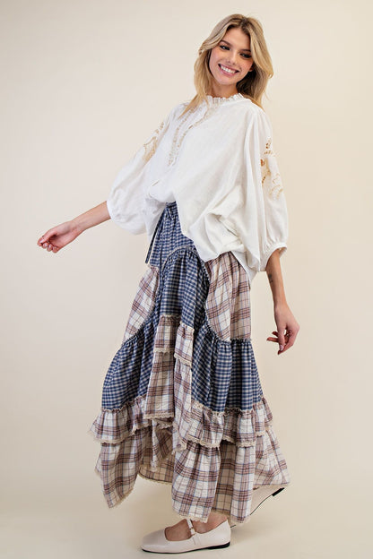 Vintage Plaid Crochet Ruffle Maxi Skirt with Adjustable Waistband