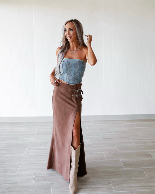 Brown Double Buckle High Slit Suede Maxi Skirt