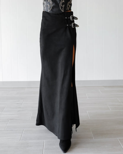 Black Double Buckle High Slit Faux Suede Maxi Skirt