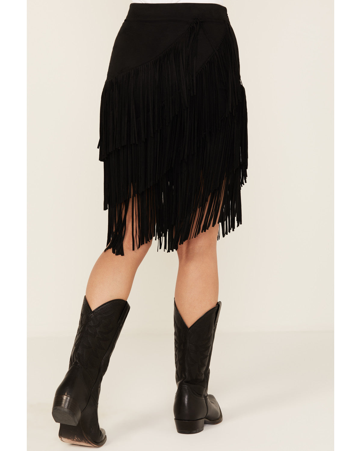 Black Asymmetrical Faux Suede Fringe Mini Skirt