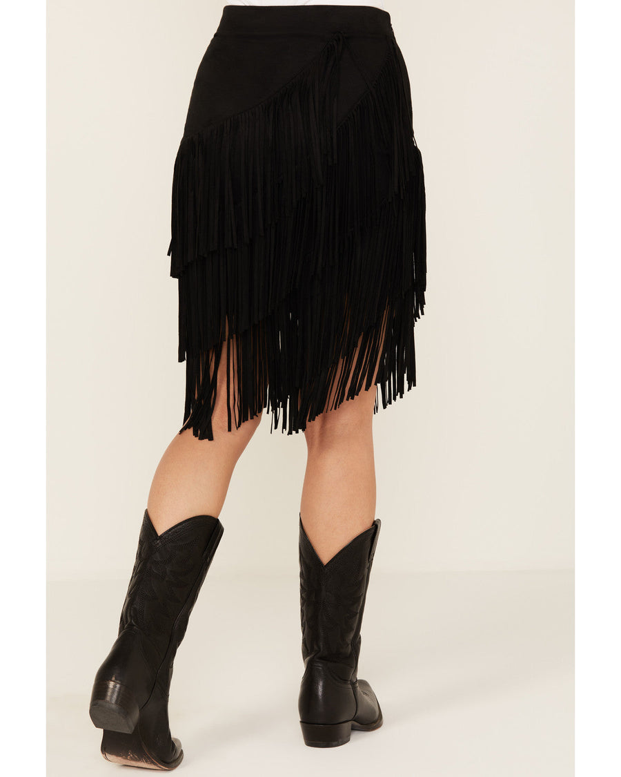 Black Asymmetrical Faux Suede Fringe Mini Skirt