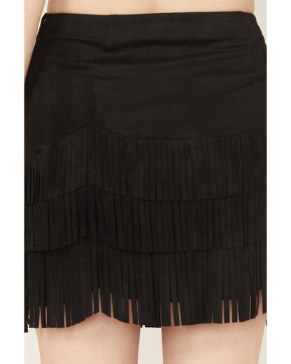 Black Faux Suede Fringe Mini Skirt with Hidden Zipper