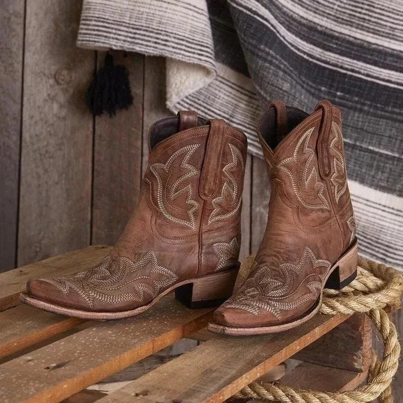 Luvrefashion | Lena Embroidered Ankle Western Booties in Brown - front view