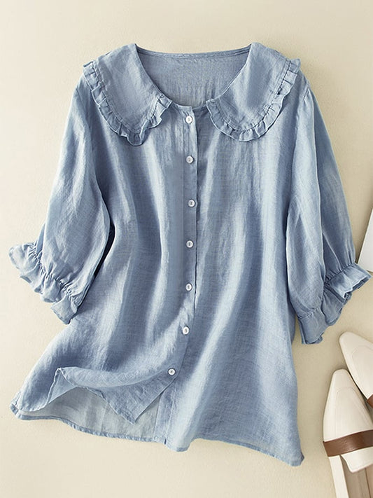 Lillian Fashionable Cotton Shirt with Loose Ruffled Neck in Blue - front view