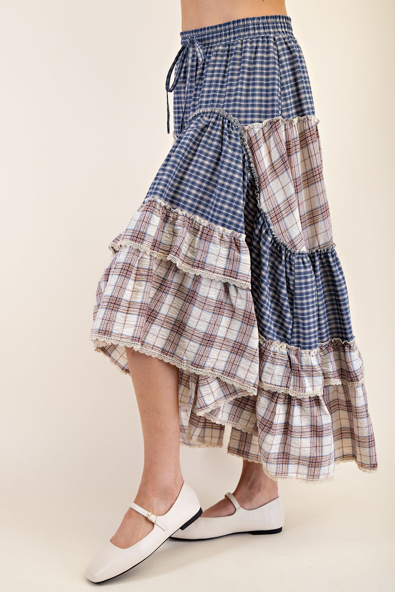 Vintage Plaid Crochet Ruffle Maxi Skirt with Adjustable Waistband